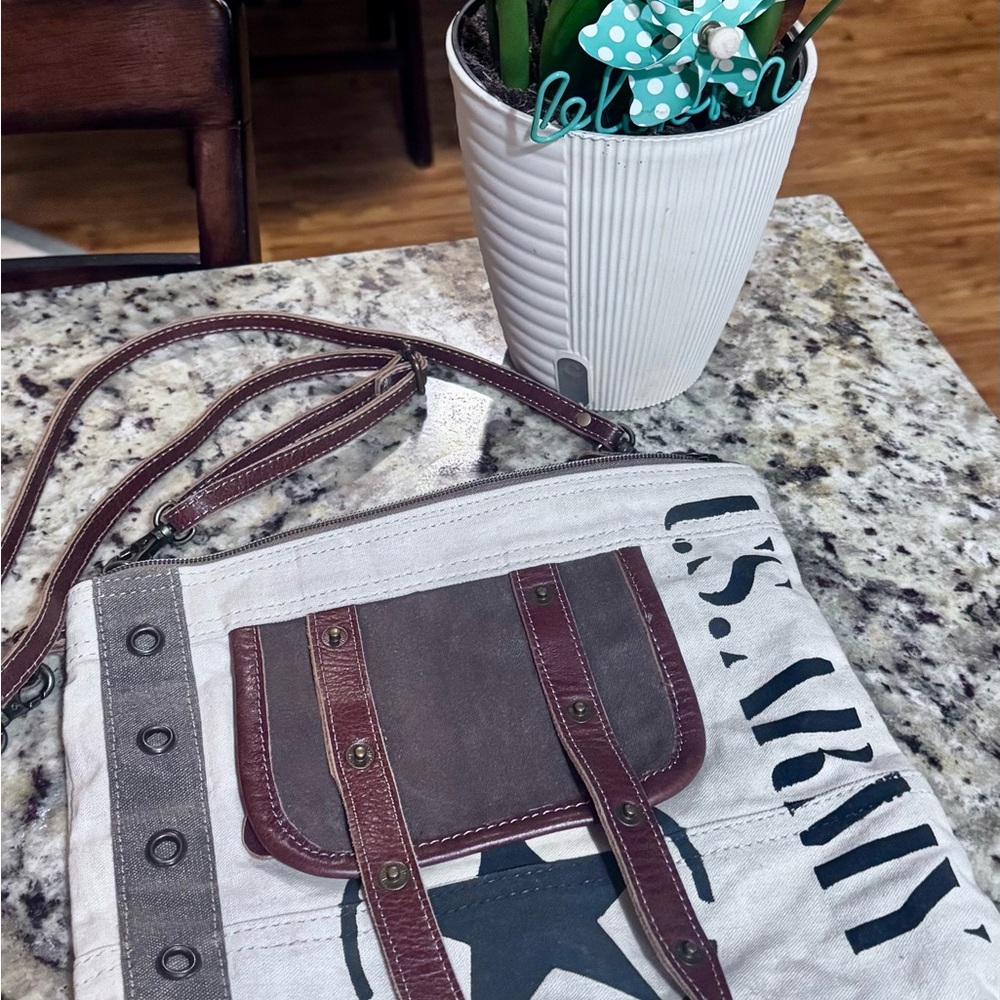 🐄 MYRA BAG US ARMY Patterned Canvas Bag with Brown Leather Accents.👜